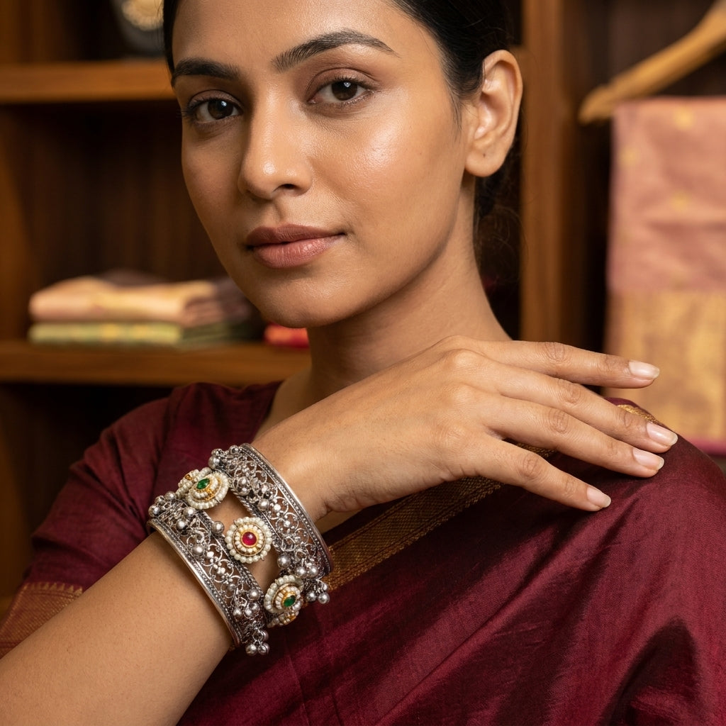 Antique German Silver Gemstone Jhumki Cuff
