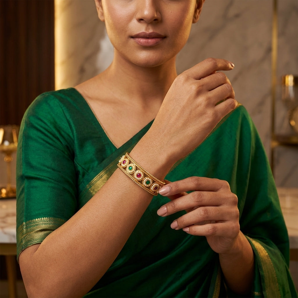 Royal Gemstone Gold Tone Traditional Kada Bangles