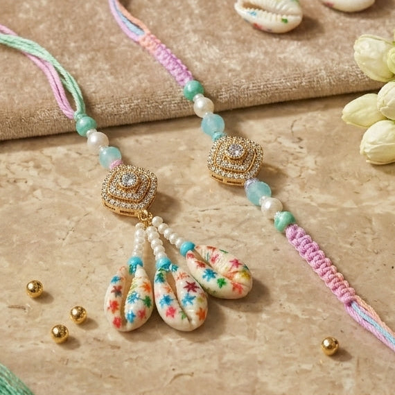 Multicolor Thread Cowrie Shell Bhai Bhabhi Rakhi Set