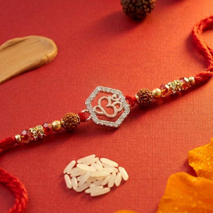 Elegant Stone-Studded Hexagonal Om Rakhi