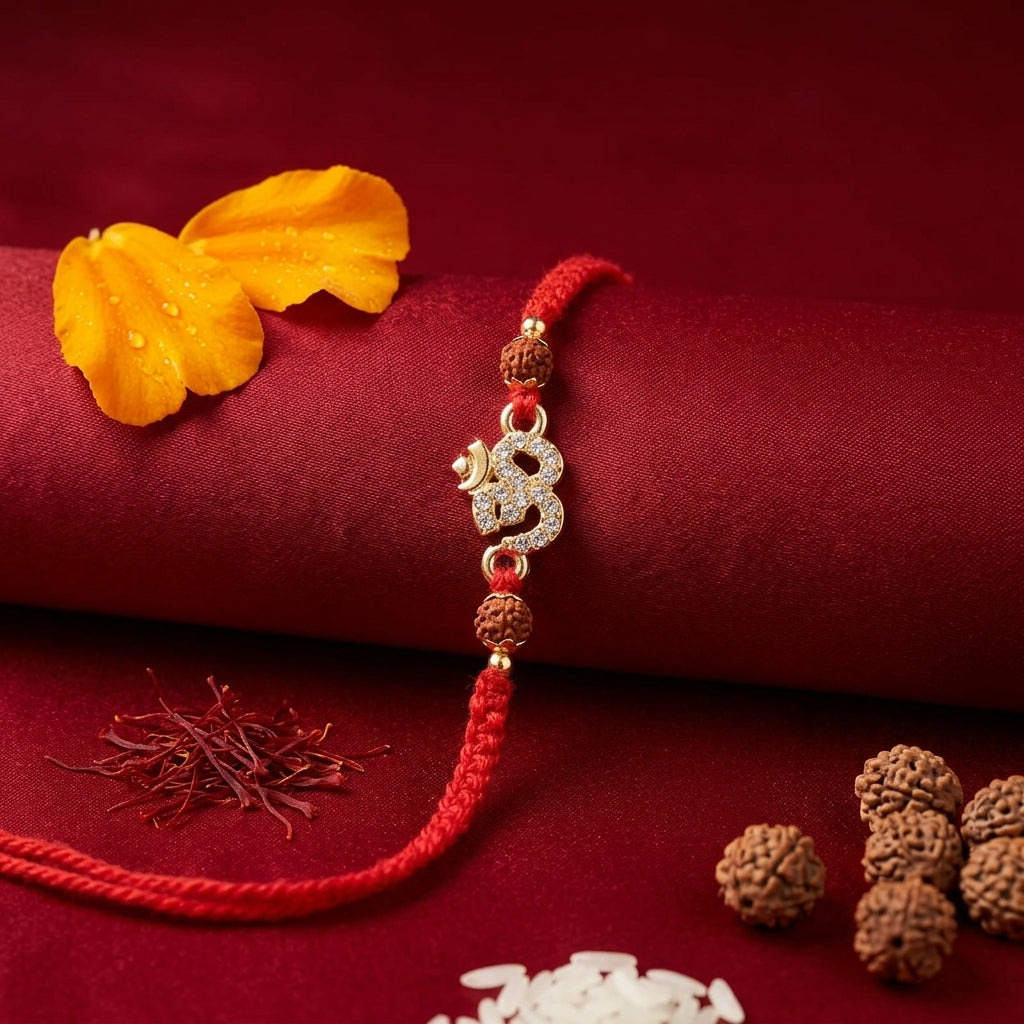 Om White Stone-Studded Rakhi