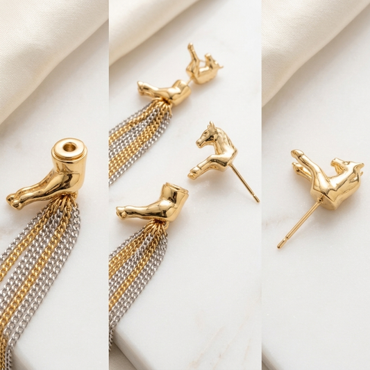 Sculptural Horse-Inspired Two-Tone Chain Drop Earrings