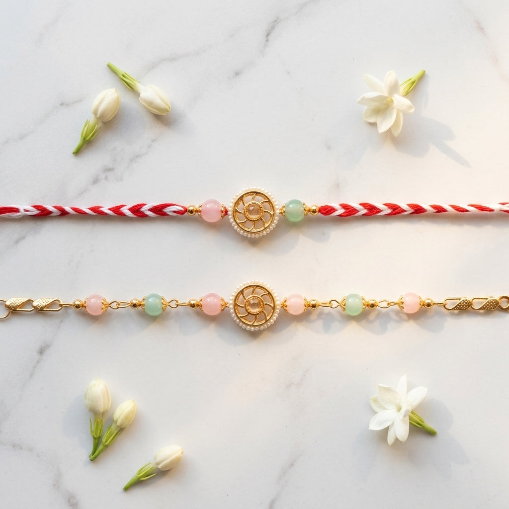 Celestial Pearl & Gemstone Bhai Bhabhi Rakhi