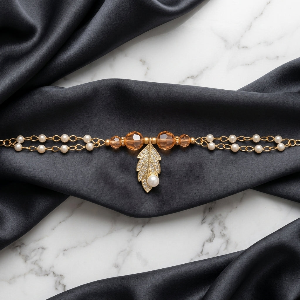 Radiant Pearl & Leaf Lumba Rakhi for Bhabhi