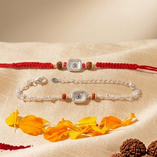 Divine Om Square Silver-Tone Bhai Bhabhi Rakhi