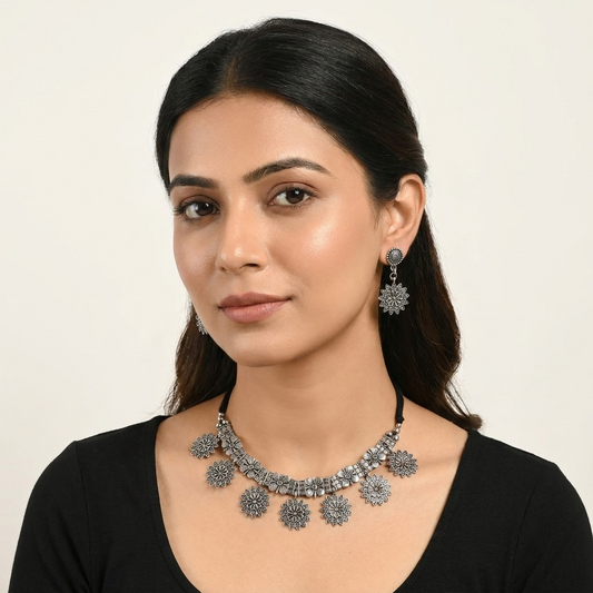 Oxidized Silver Floral Charm Choker Necklace Set | Lady Zone