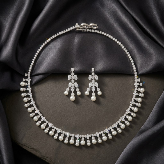 Crystal & Pearl Floral Drop Necklace Set | Lady Zone