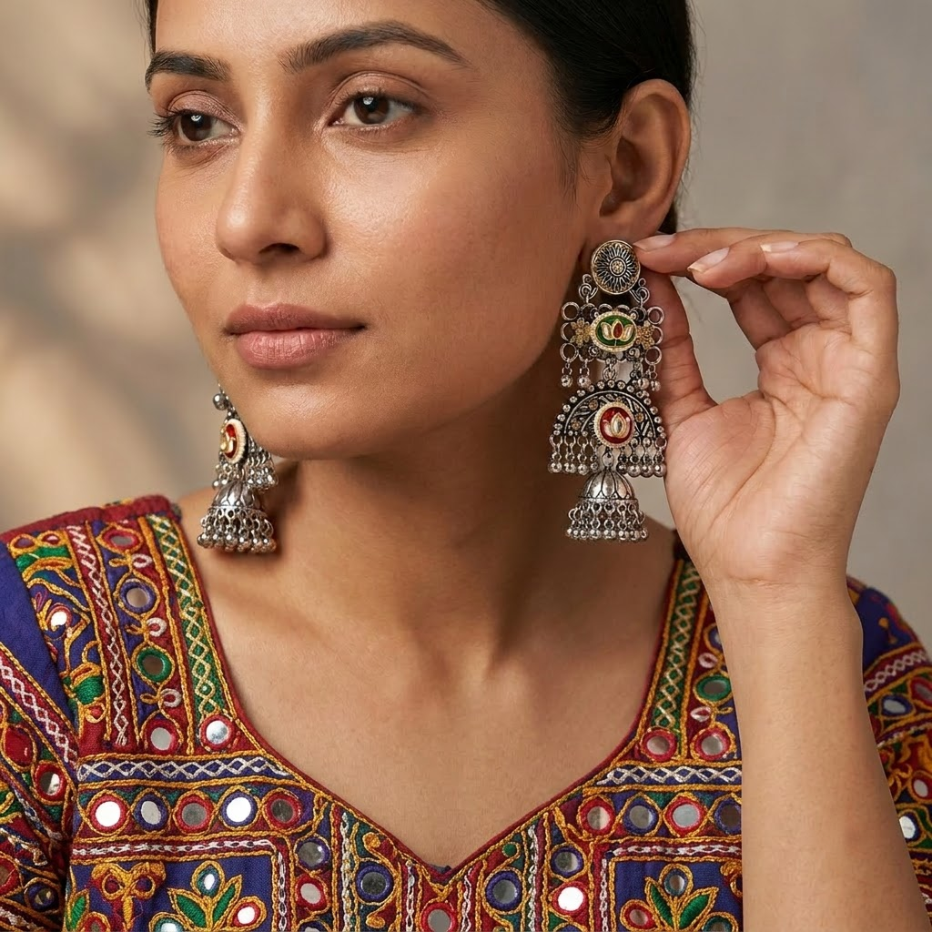 German Silver Enamelled Lotus Tiered Jhumka Earrings | Lady Zone