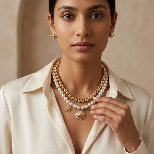 Gold-Plated Layered Pearl & Shell Charm Necklace Set | Lady Zone