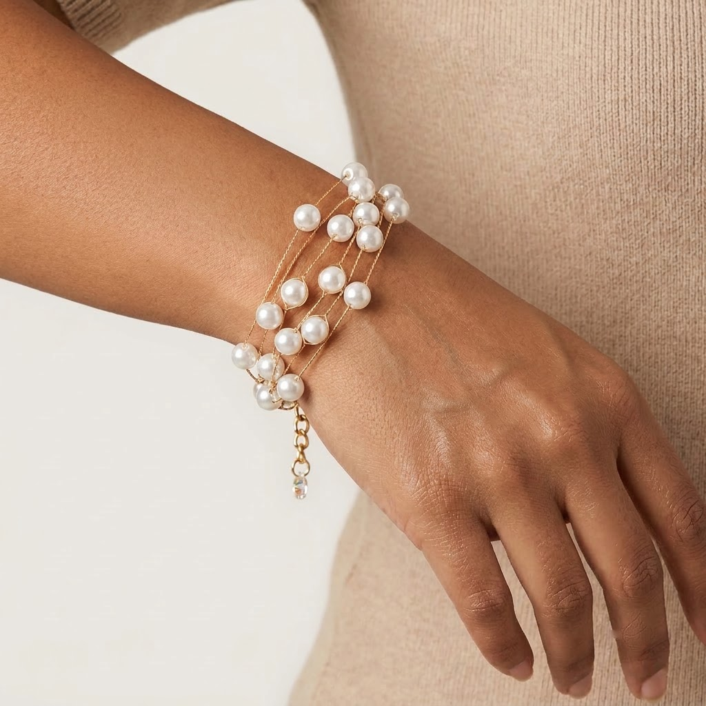 Gold-Tone Multi-Strand Round White Pearl Bracelet | Lady Zone