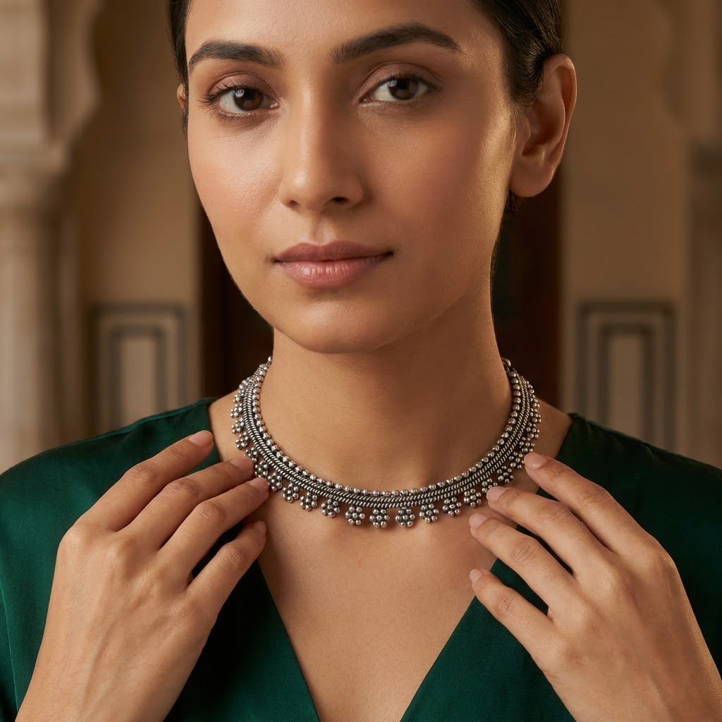 Oxidized Beaded Rope & Floral Cluster Necklace | Lady Zone