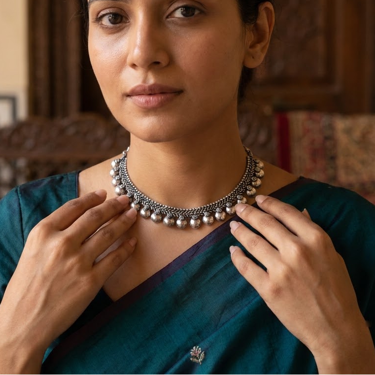 Oxidized Silver Braided Chain & Ghungroo Bead Necklace | Lady Zone