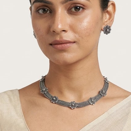 Oxidized Silver Braided Wire & Floral Stud Necklace Set | Lady Zone