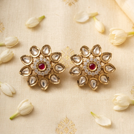 Gold-Tone Polki & Emerald Floral Cluster Stud Earrings | Lady Zone