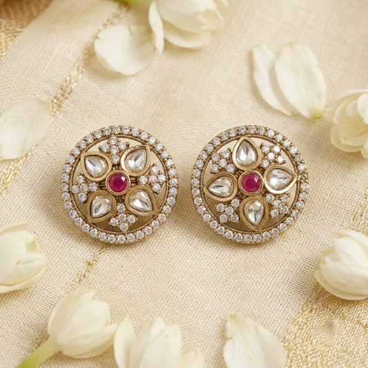 Gold-Tone Polki & Ruby Floral Stud Earrings | Lady Zone