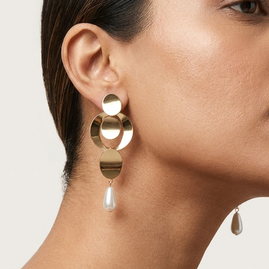 Modern Geometric Gold & Pearl Drop Earrings | Lady Zone