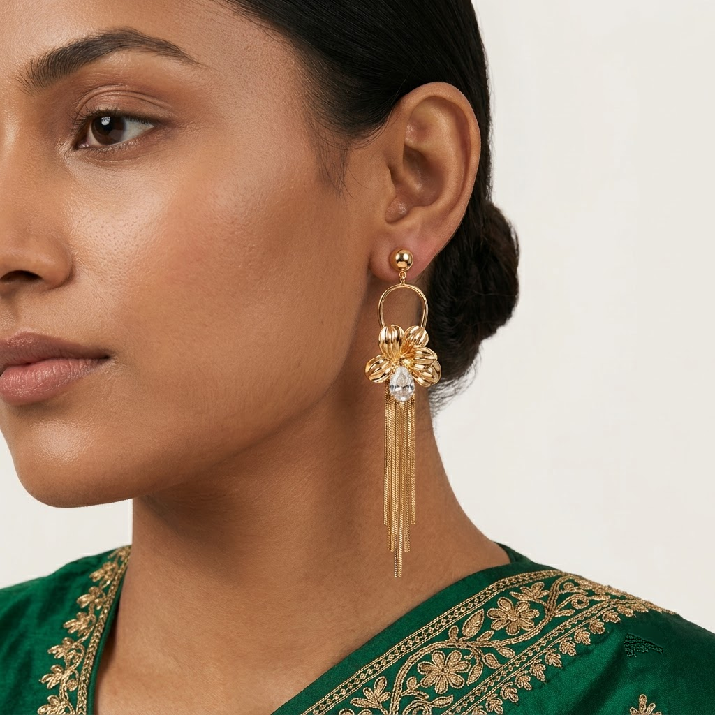 Golden Floral & Crystal Fringe Statement Earrings | Lady Zone