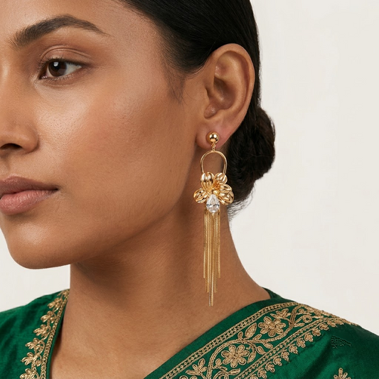 Golden Floral & Crystal Fringe Statement Earrings | Lady Zone