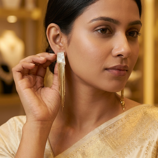 Geometric Mother-of-Pearl & Gold Fringe Statement Earrings | Lady Zone