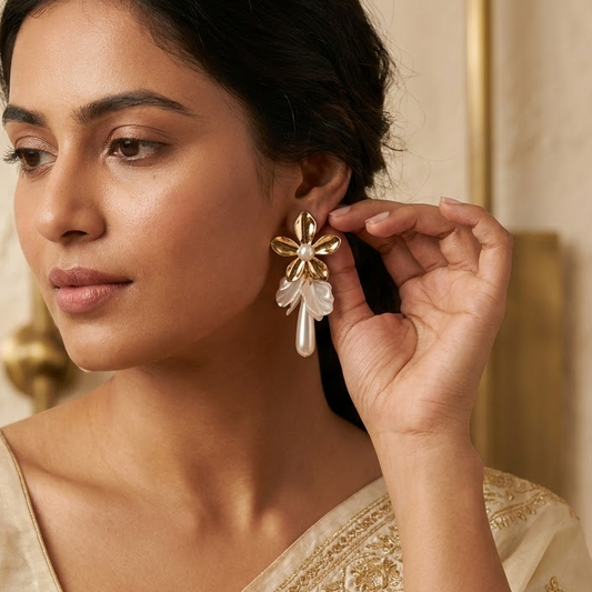 Golden Blossom & Pearl Drop Statement Earrings | Lady Zone