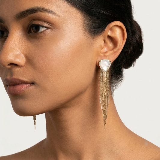 Triangular Mother-of-Pearl & Gold Fringe Statement Earrings | Lady Zone