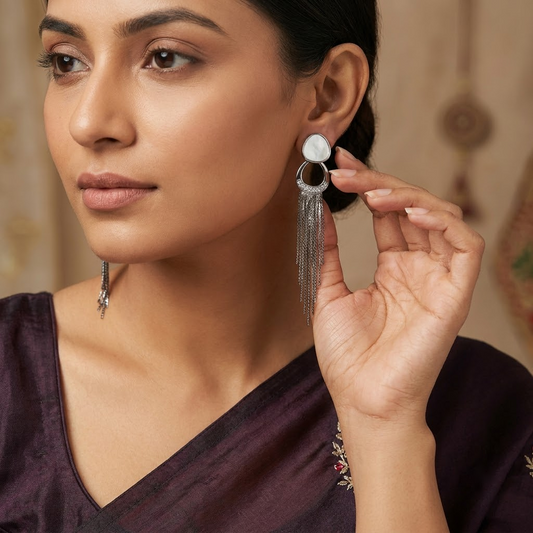 Gunmetal Mother-of-Pearl & Pave Chain Fringe Statement Earrings | Lady Zone