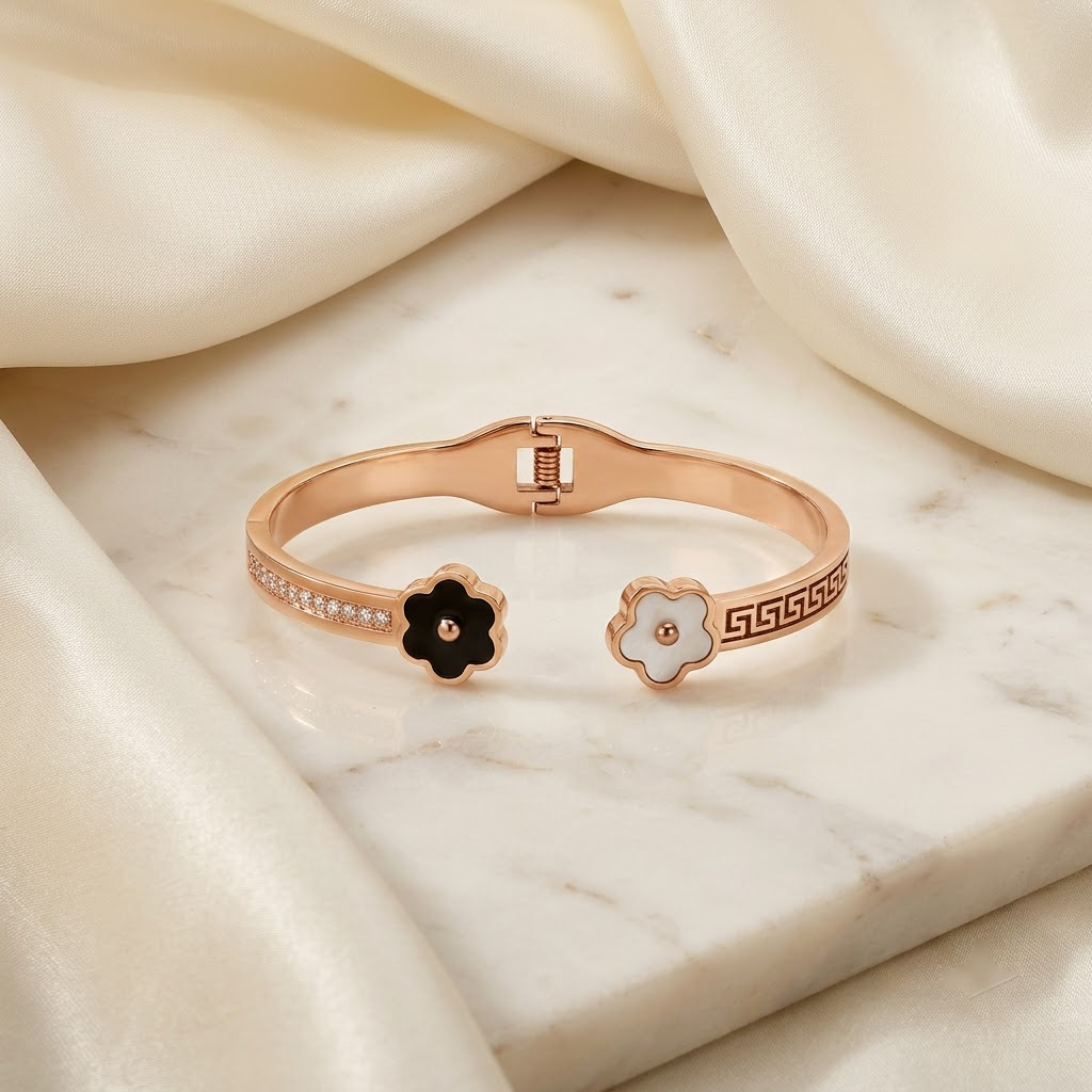 Rose Gold Yin-Yang Floral Enamel & Pave Hinged Cuff Bracelet | Lady Zone