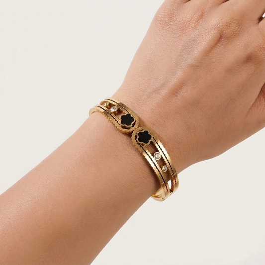 Golden Black Clover & Crystal Scalloped Hinged Cuff Bracelet | Lady Zone