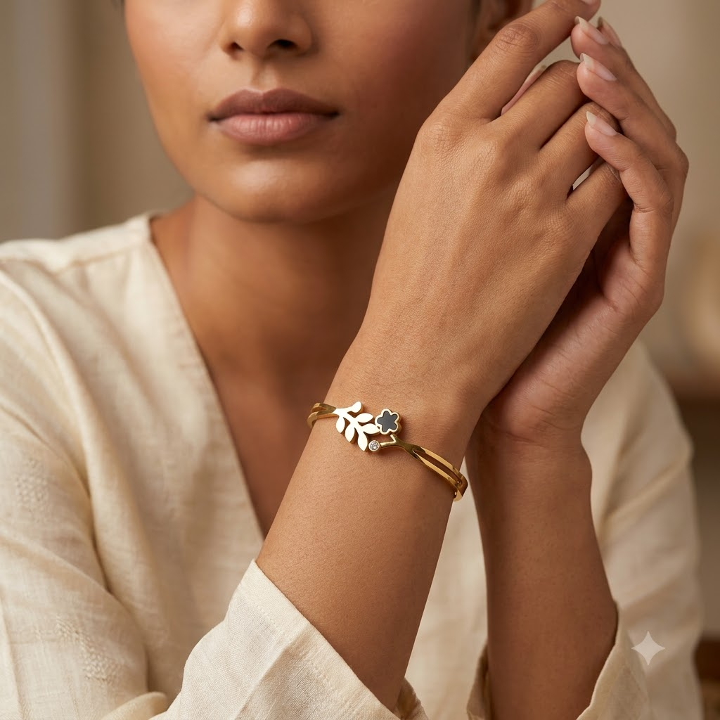 Golden Leaf & Open Flower Hinged Cuff Bracelet | Lady Zone