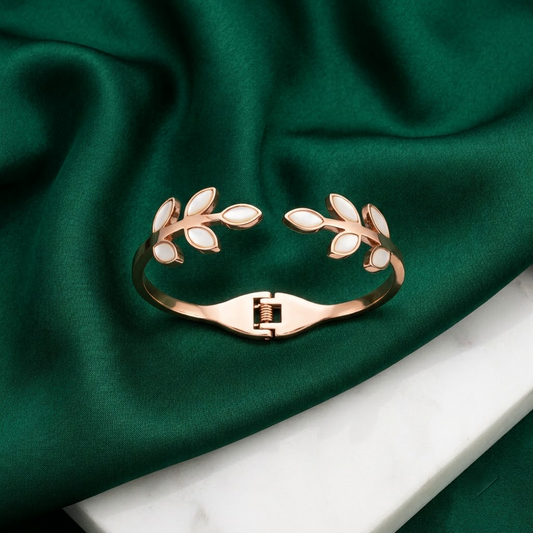 Rose Gold Botanical Leaf & Mother-of-Pearl Open Cuff Bracelet | Lady Zone