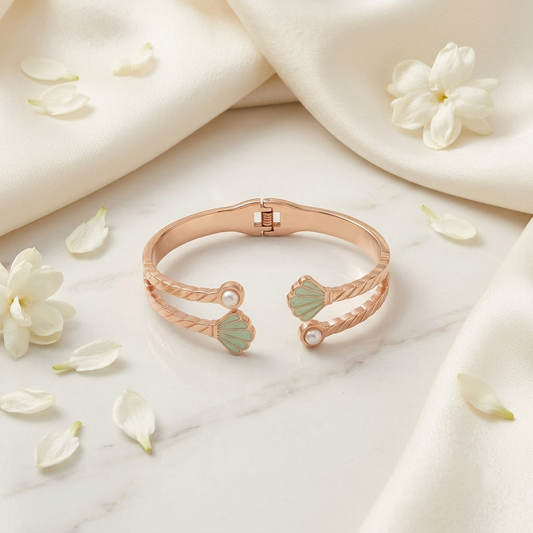 Rose Gold Mint Shell & Pearl Double-Band Hinged Bracelet | Lady Zone
