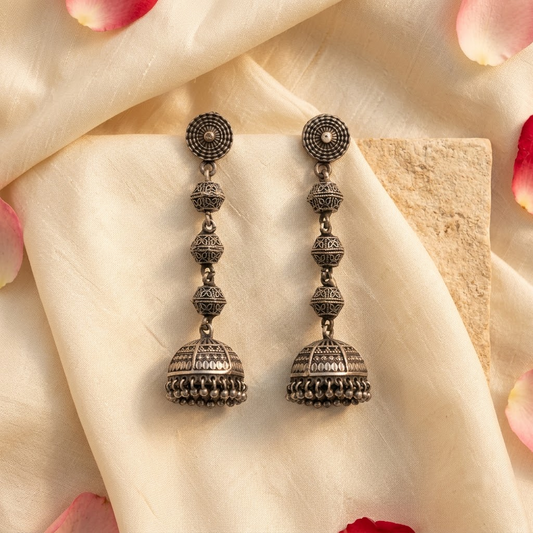 German Silver Medallion & Multi-Tiered Beaded Jhumka Long Statement Earrings | Lady Zone