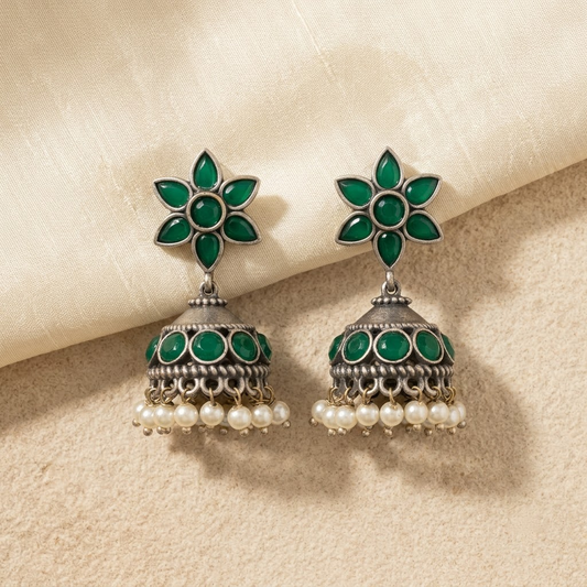 German Silver Emerald Floral Stud & Beaded Jhumka Earrings | Lady Zone