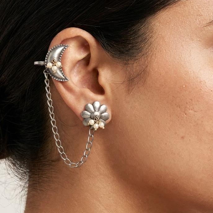 German Silver Floral & Crescent Pearl Chain-Link Statement Earrings | Lady Zone