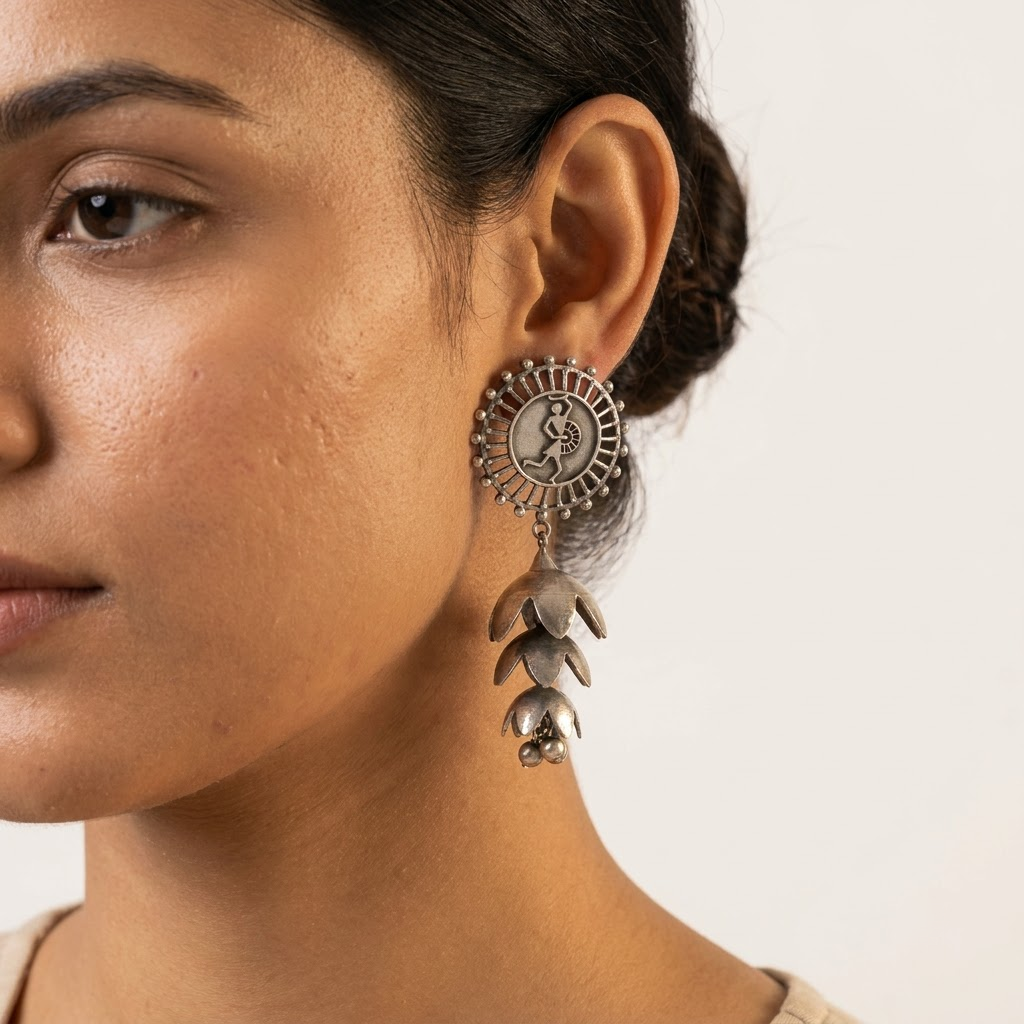 German Silver Warli Folk Art & Cascading Bell Statement Earrings | Lady Zone