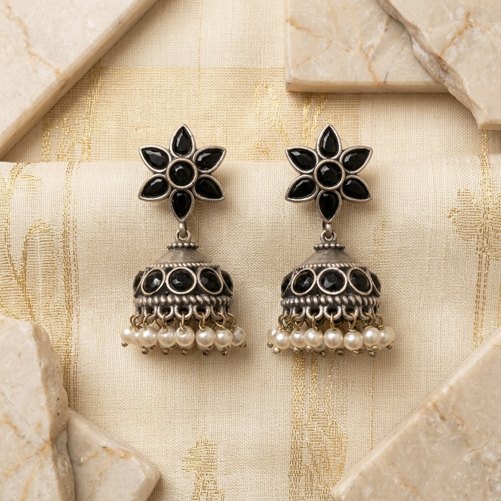 German Silver Emerald Floral Stud & Beaded Jhumka Earrings | Lady Zone