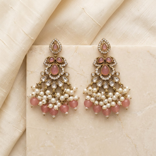 Golden Pink Quartz & Pearl Cluster Drop Earrings | Lady Zone
