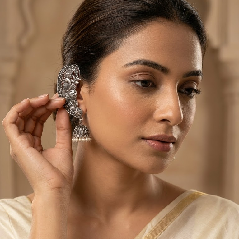 Oxidized Silver Peafowl & Filigree Ear-Cuff Jhumkas | Lady Zone