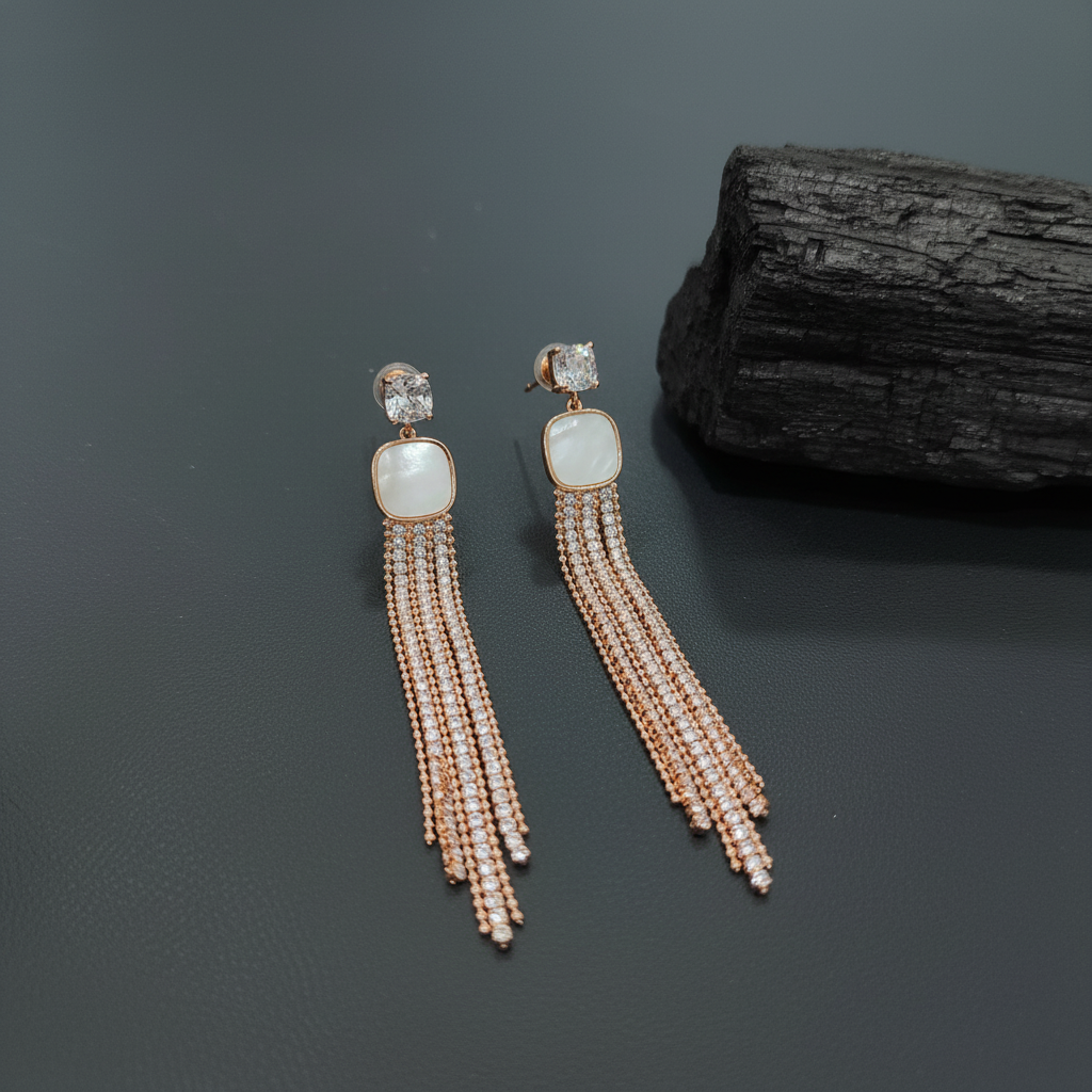 Long Crystal Chain Drop Earrings with MOP