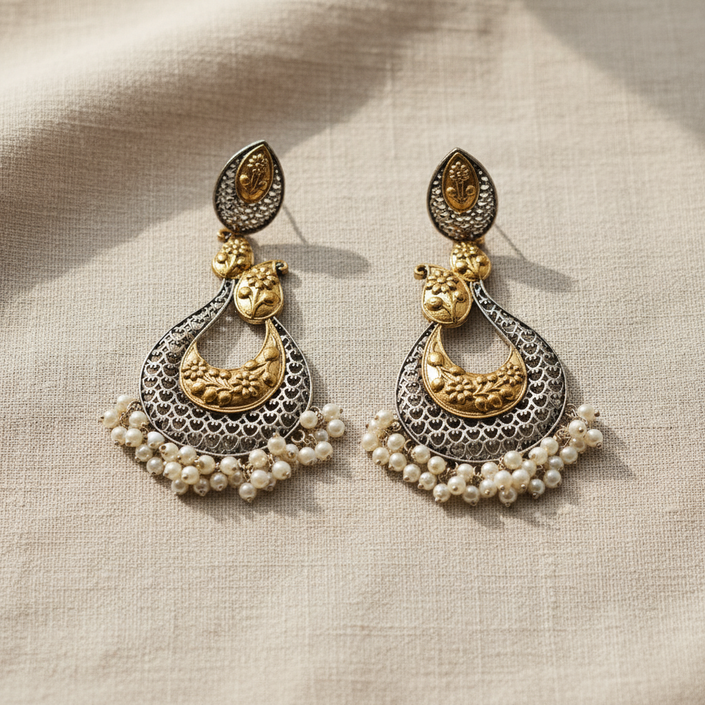 Oxidised German Silver Pearl Drop Earrings