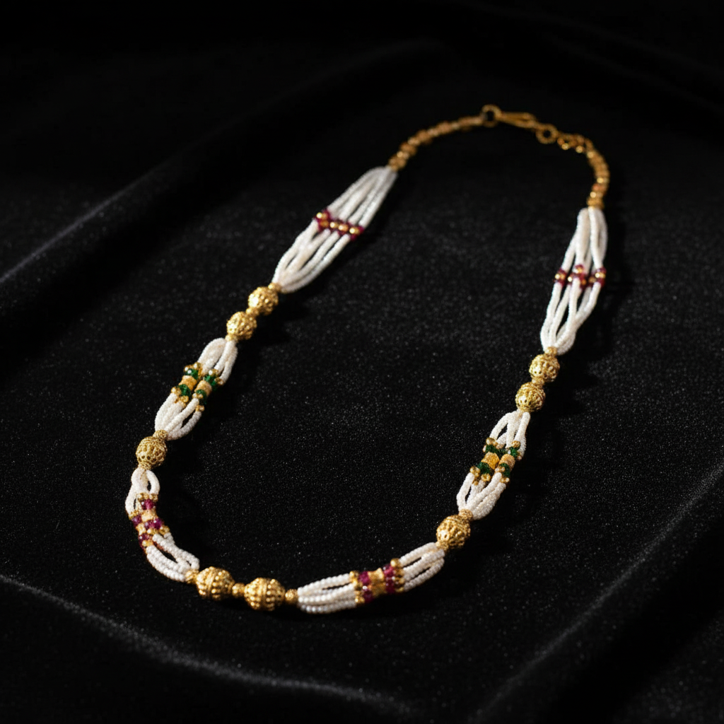 Traditional Pearl Beaded Gold Accent Mala Necklace for Women