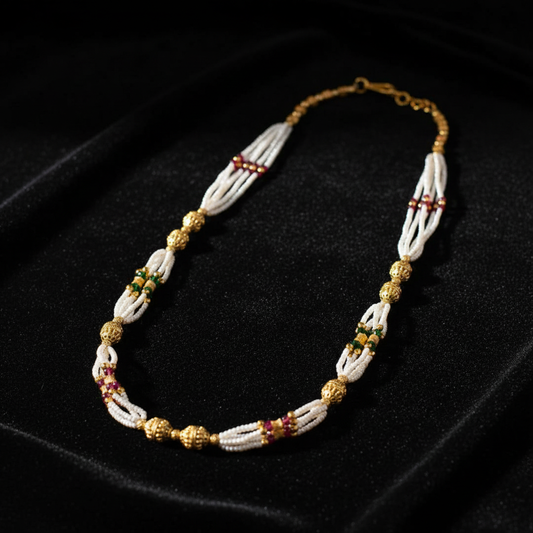Traditional Pearl Beaded Gold Accent Mala Necklace for Women