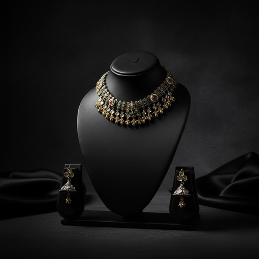 German Silver Oxidised Kundan Choker Necklace