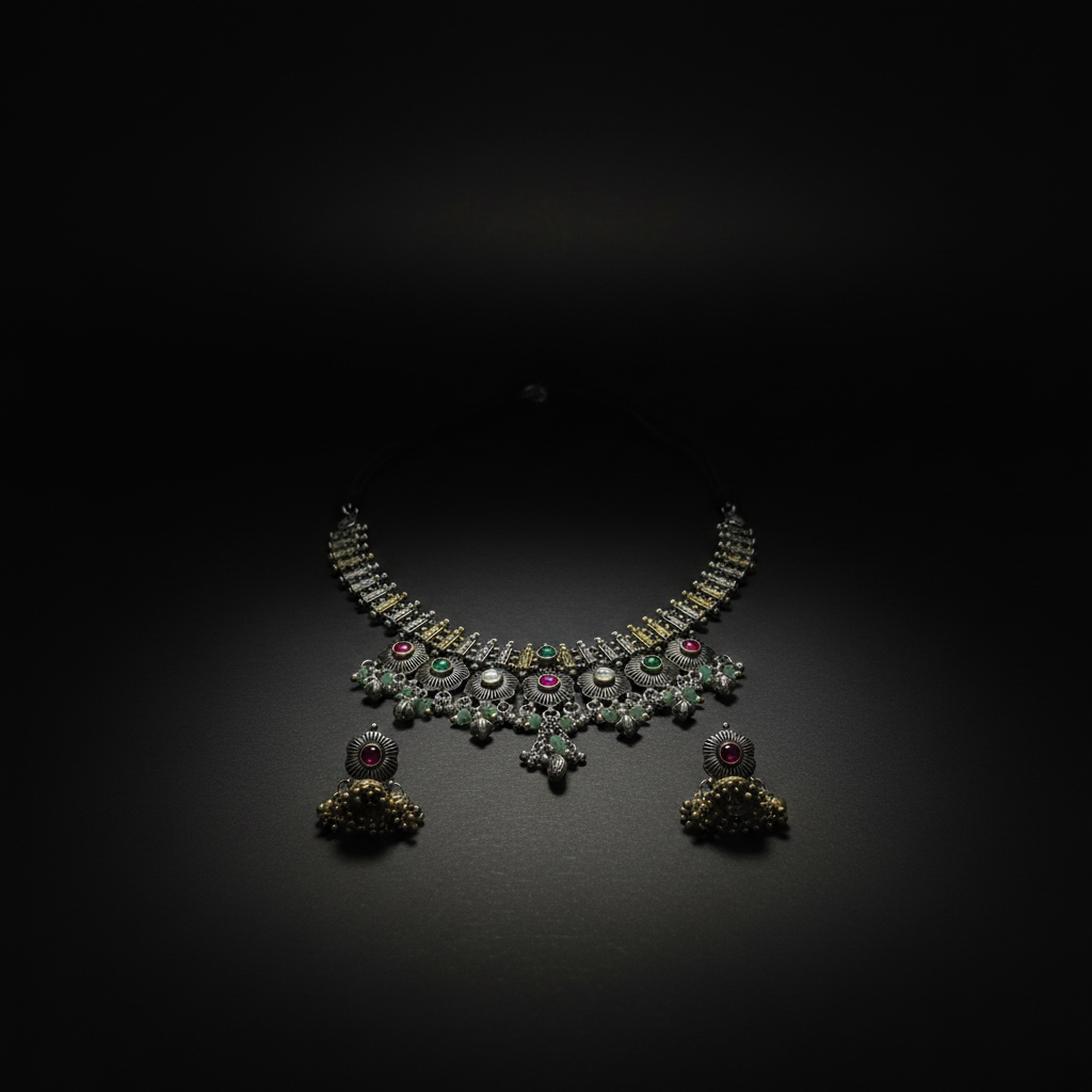 Antique Oxidised German Silver Necklace with Green Drop Pendant