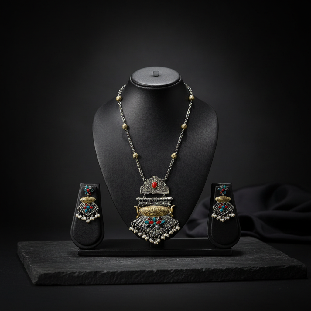 Dual Tone German Silver Oxidised Necklace Set