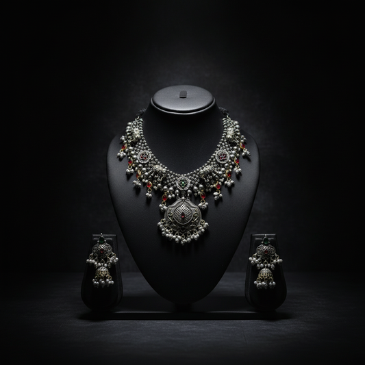 Oxidised German Silver Kundan Choker Necklace with Pearl Drops