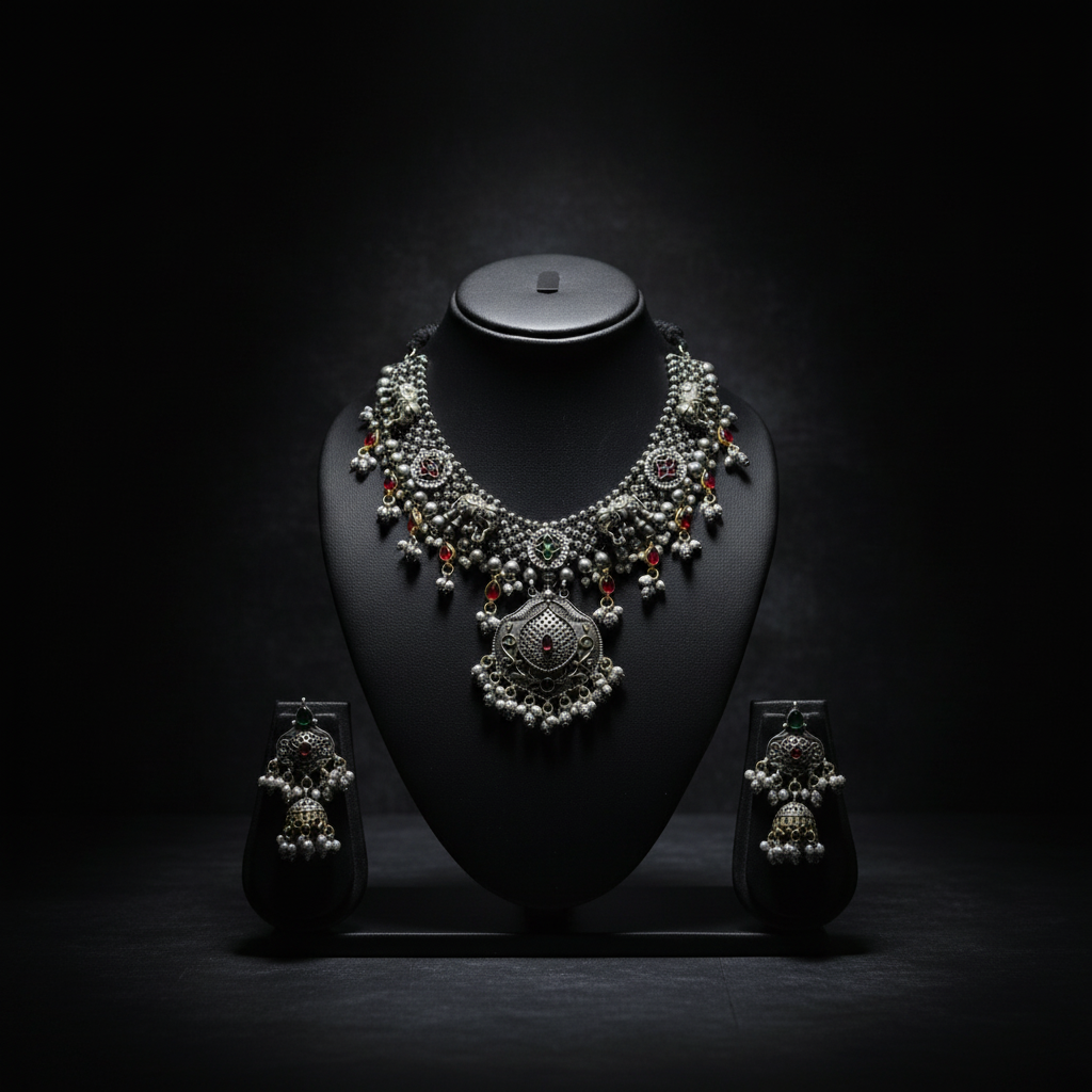 Oxidised German Silver Kundan Choker Necklace with Pearl Drops