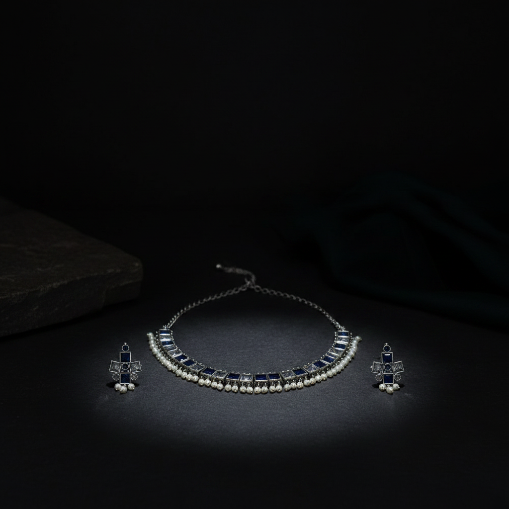 Multicolor Stone Oxidised German Silver Choker Necklace with Pearl Drops