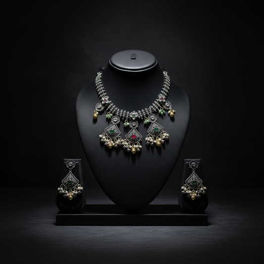 Floral Oxidised German Silver Necklace with Green & Red Stones and Pearl Drops