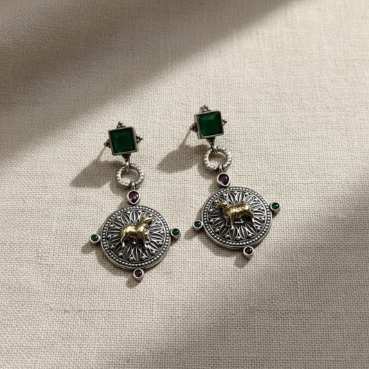 Oxidised German Silver Bull Motif Drop Earrings with Square Stone